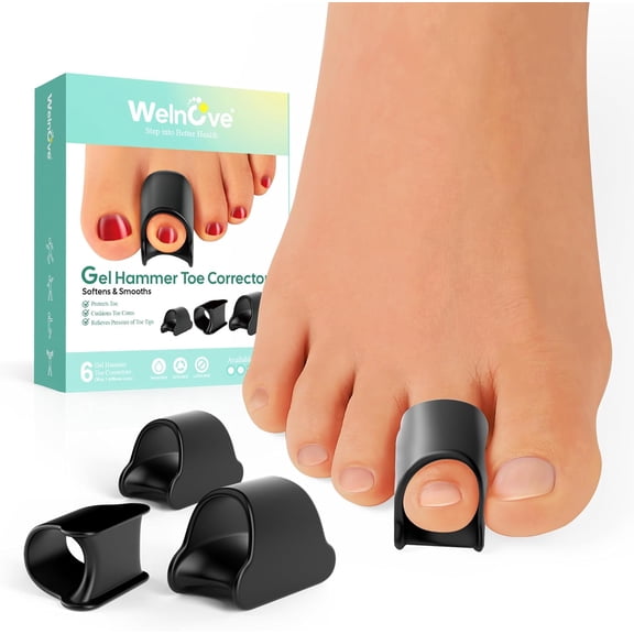 Welnove Gel Toe Separators Hammertoe Corrector, 6 Pack Toe Splints for Bent, Curled, Crooked, Claw Toes, Realign Hammer Toes, 3 Sizes (Black)