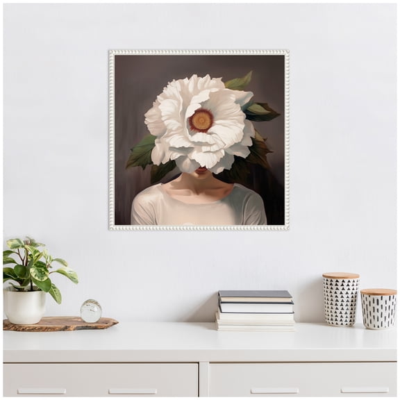 Kate and Laurel White Flower Woman Portrait Framed Canvas Wall Art by The Creative Bunch Studio 22 x 22 Sylvie Beaded White, Modern, People, Flowers, Nature Art for Wall Decor, Living Room, Bedroom