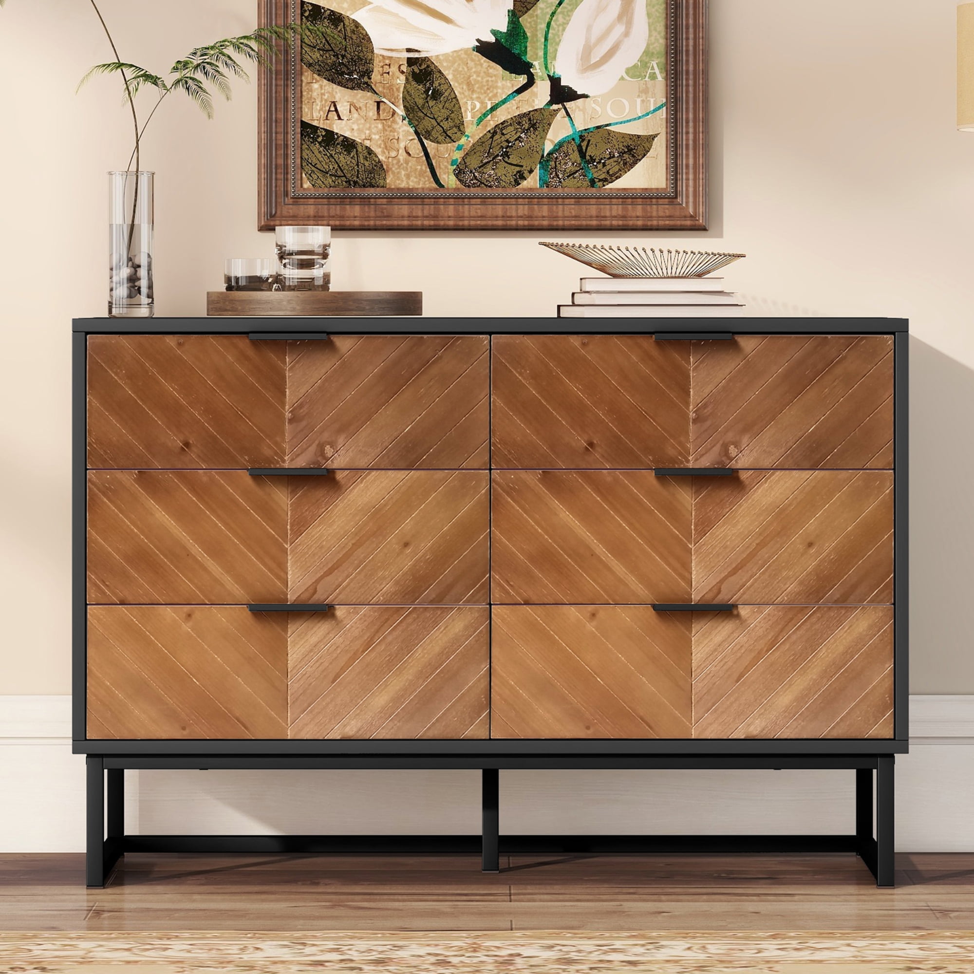 Spaco Dresser for Bedroom 6 Drawers Dresser& Chests of Drawers, Natural Wood Black Dresser Spaco Dresser for Bedroom 6 Drawers Dresser& Chests of Drawers, Natural Wood Black Dresser