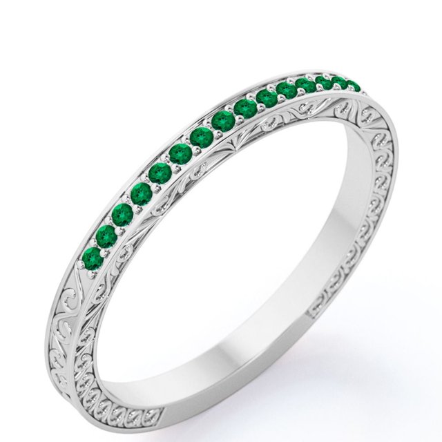 JeenMata Alianza de Bodas de Estilo Victoriano Art Déco con Piedra Natal de Mayo de Corte Redondo de 0,25 Quilates en Baño de Oro Blanco de 18 K sobre Plata