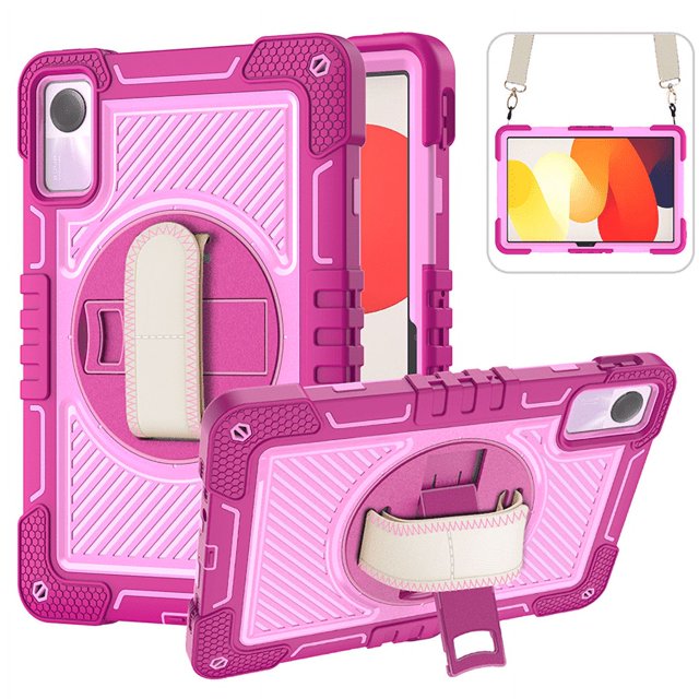 For Xiaomi Redmi Pad SE 11 Inch 360 Rotating Tablet Case Kids Safe Cover With Hand Shoulder Strap 3-Layers Protection Funda Capa Rose-Pink Redmi Pad SE 11 inch