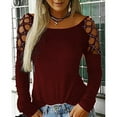 thumbnail image 2 of IROINNID Savings Ladies Long Sleeve T Shirts Sexy Off Shoulder Hot Drilling Solid Hollow Out O-Neck T-shirt Blouse Tops,Burgundy, 2 of 5