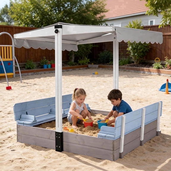 Aivituvin 47.2"Sandbox with Lid and Cover for Kids Outdoor with 2 Foldable Bench Seats, Adjustable Canopy and Sand Protection Liner, (Blue)