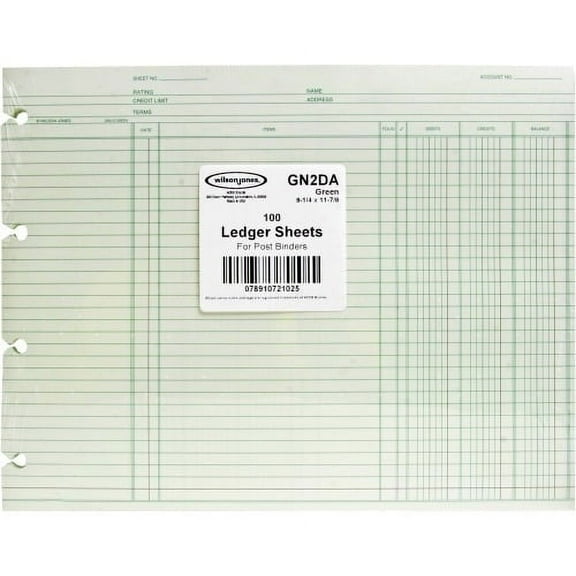 Wilson Jones Balance Ledger Paper 24 lb - Double Sided Sheet - Ledger - 11 7/8" x 9 1/4" Sheet Size - 4 x Holes - Green Sheet(s) - Brown, Green Print Color - Paper - 100 / Pack