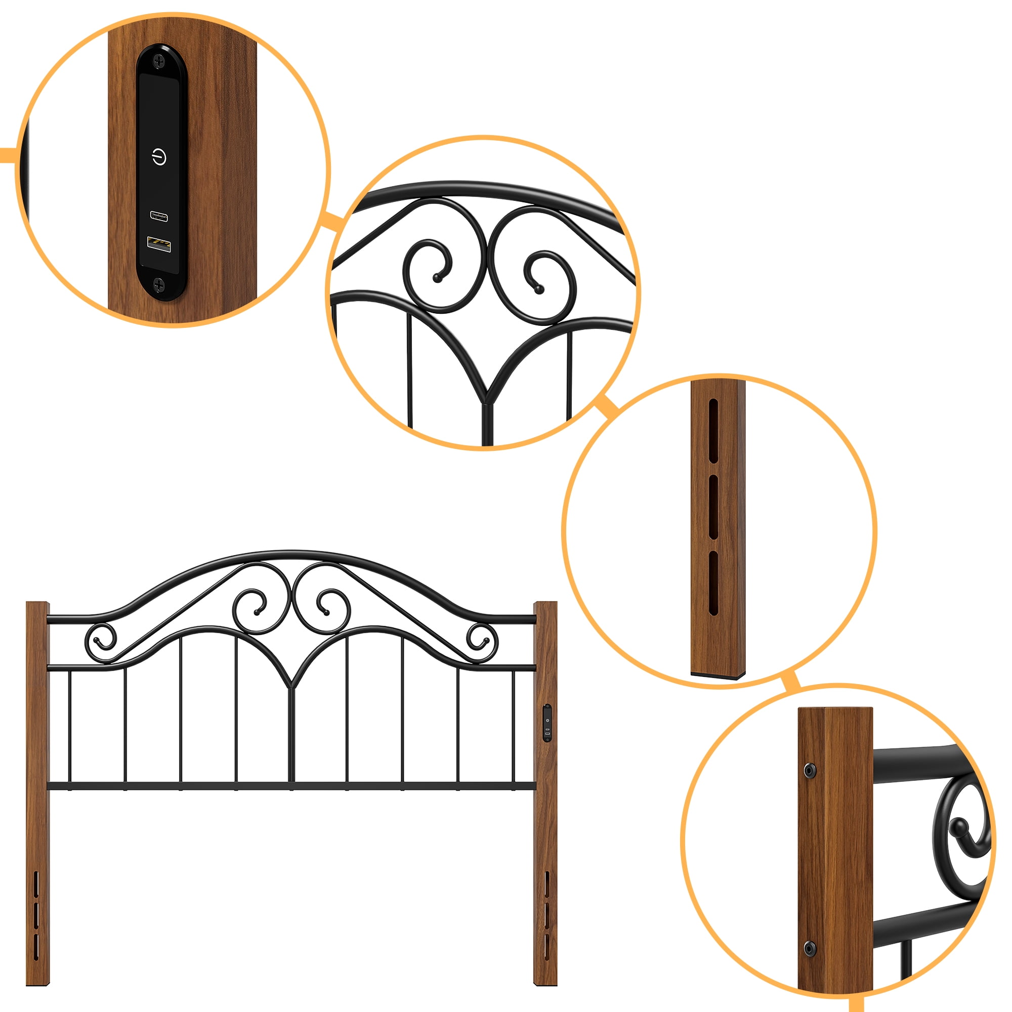 Yoneston Vintage Wood Grain Metal Queen Headboard with Charging and 3-Level Height Adjustment Design, Black