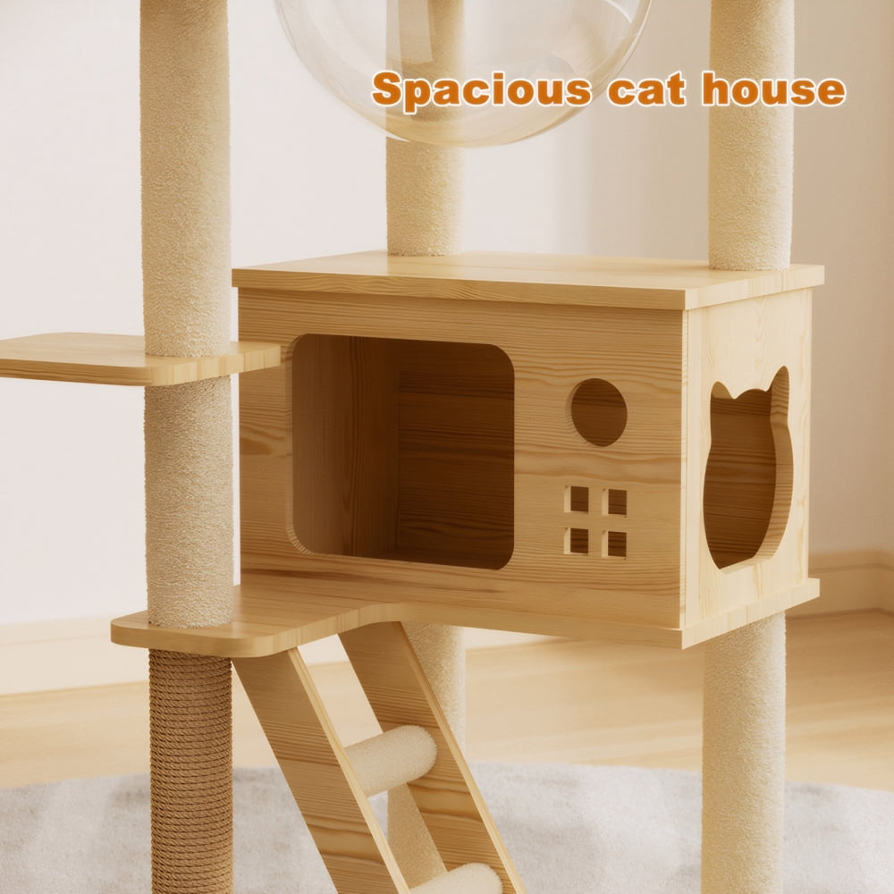 Modern Wood Cat Tree Tower - Indoor Cat Condo with Sisal Scratching Posts, Perch & Acrylic Hammock - For Small/Large Cats