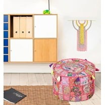 Avgari Creation Pink Indian Pouf Footstool With Embroidery Pouf, Indian Cotton, Pouf, Ottoman Pouf Cover Ethnic Decor Art 22x14x22 Inch