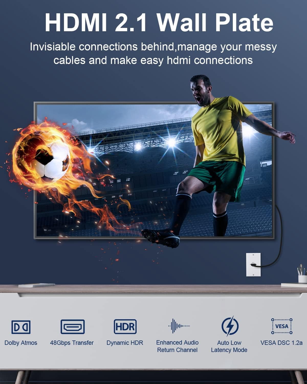 8K HDMI Wall Outlet Pass Through, HDMI 2.1 Wall Plate, with Low Voltage Metal Mounting Bracket, Supports 8K@60Hz and 4K@120Hz, 3D, HDR, 48 Gbps HDMI Box, Fits Home Theater Systems