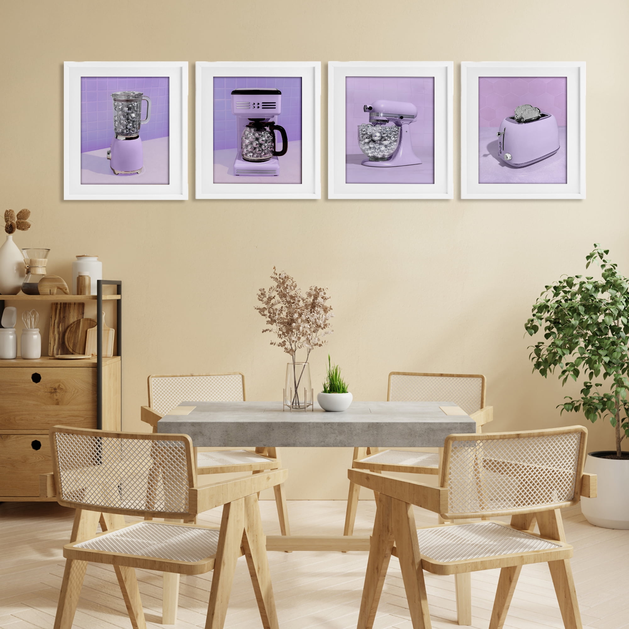 Stupell Industries Disco Kitchen Utensils in Purple 4 Piece White Framed Print Under Glass Set, design by LISH Creative