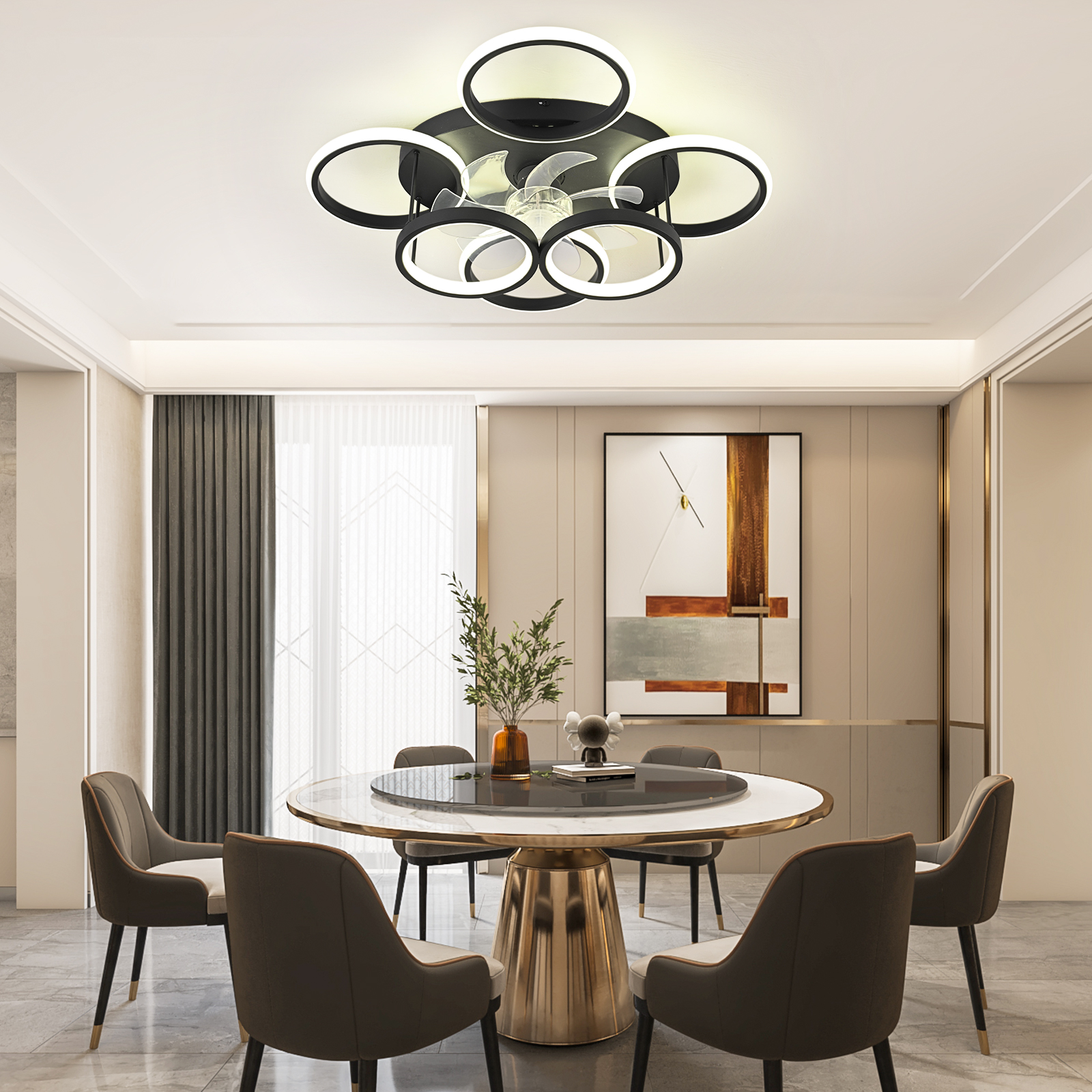 Garwarm Ceiling Fans with Lights, Modern Ceiling Fan with Lights Remote Control, Low Profile Ceiling Fan, 6 Speed Dimmable LED Ceiling Lamp for Bedroom, Kitchen, Black