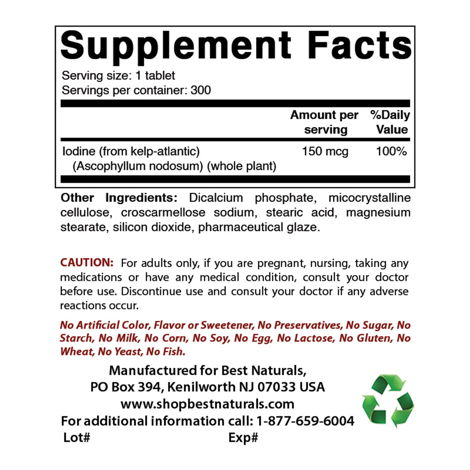 3 Pack Best Naturals Kelp 150 mcg 300 Tablets | (A Natural Source of Iodine)