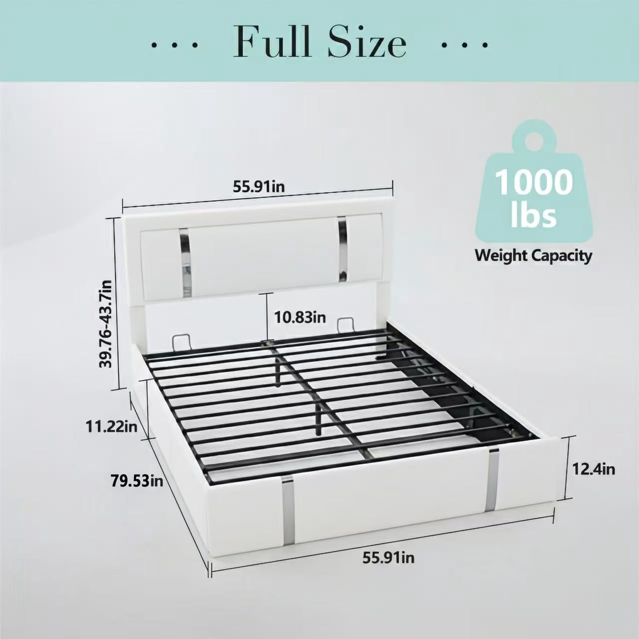 Mintazer Full Lift Up Storage Bed Frame with LED Lights & Charging Station, Upholstered Platform Bed with Adjustable Headboard for Bedroom, White