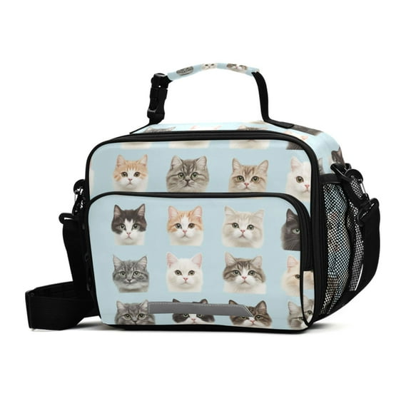 FORMRS Student Lunch Bag Insulated Reusable Cooler Box with Zipper Pockets, Cute Cat Faces
