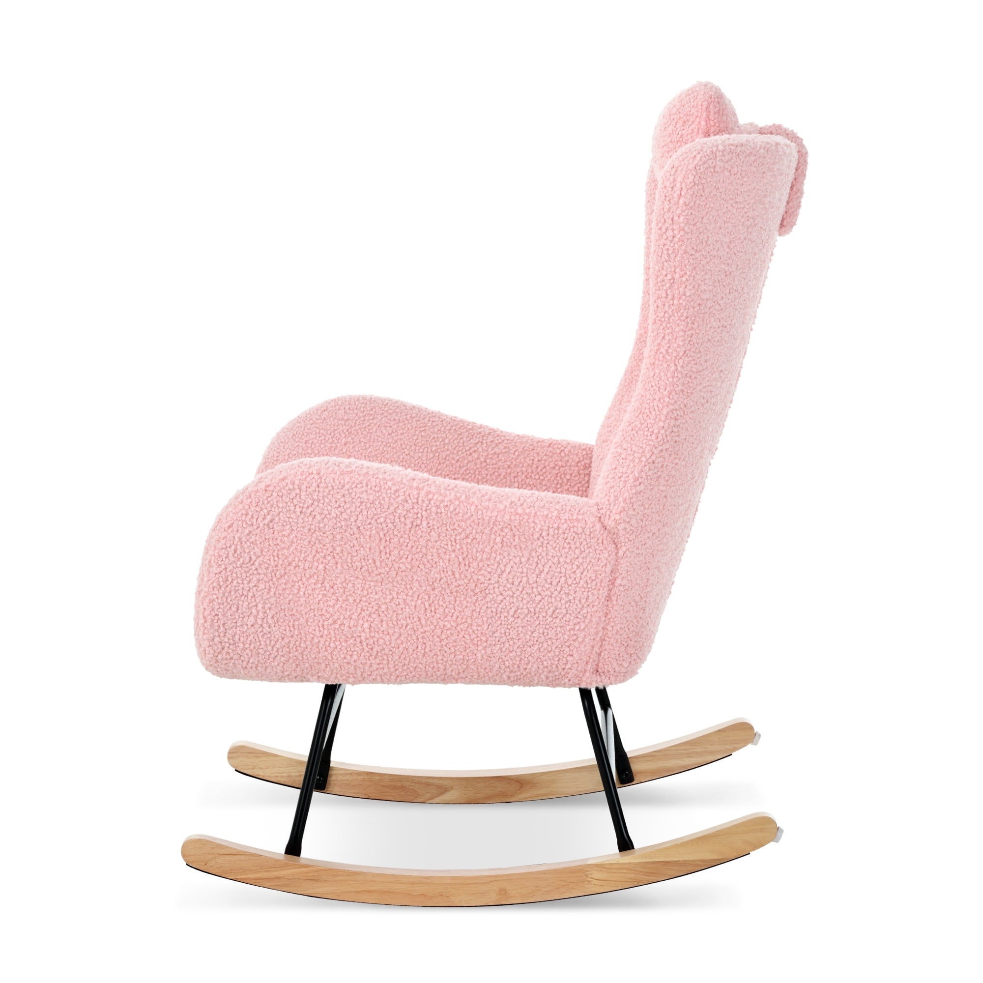 Rocking Chair Nursery, Teddy Upholstered Rocker Glider Chair w/High Backrest, Adjustable Headrest & Pocket, Comfy Glider Chair for Nursery, Bedroom, Living Room, Offices, Rubber wood, pink 17753