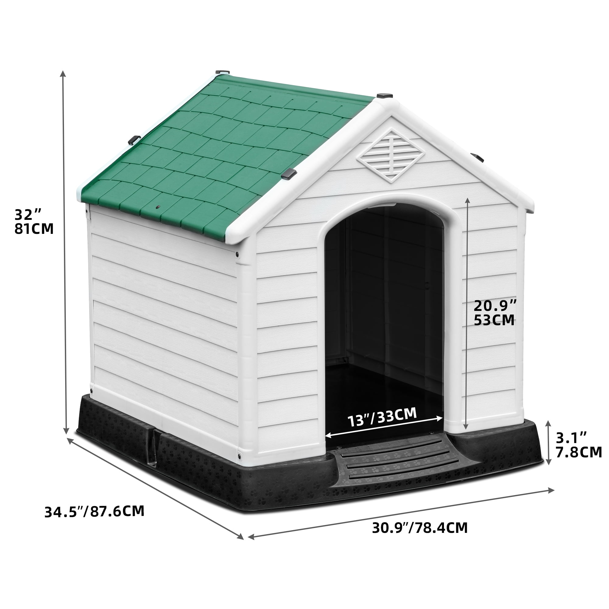 Dextrus Large Plastic Dog House with Air Vents and Elevated Floor,Water Resistant Dog Puppy Shelter for Indoor and Outdoor Use,Spacious and Durable(34.5''L x 30.9''W x 32''H,Green)