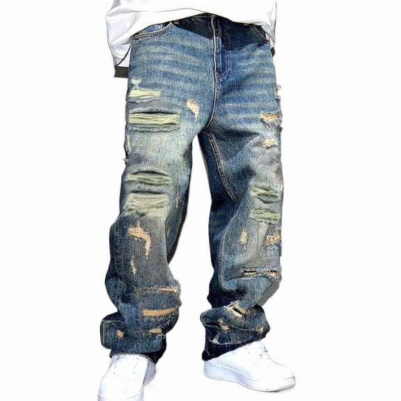 SRETOUU / Reppunk Men's Vintage Heavy Distressed Ripped Baggy Wide Leg Jeans, Worn Patch Frayed Washed Loose Denim Pants, Hip Hop Streetwear Casual Trousers