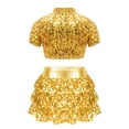 thumbnail image 2 of Haitryli Girls Shiny Latin Jazz Dance Outfits Short Sleeve Crop Top with Tiered Ruffle Skirt Cheerleading Dancewear Gold 6, 2 of 7
