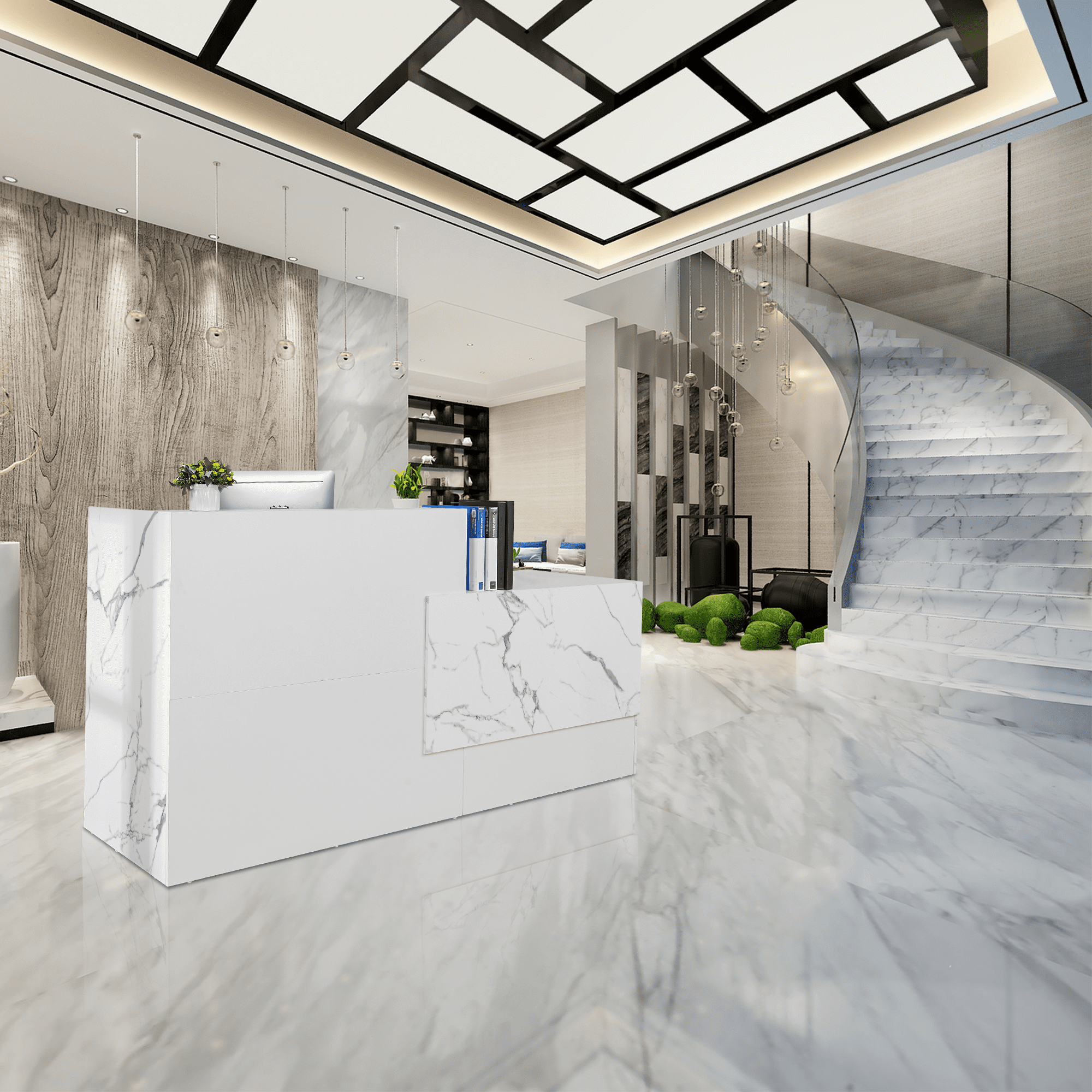 Haooyeah 86.8" Reception Desk with Lockable Drawer, Keyboard Tray, Storage Shelves & Cable Management, Marble Front Counter for Office, Hotel Lobby, Meeting Room