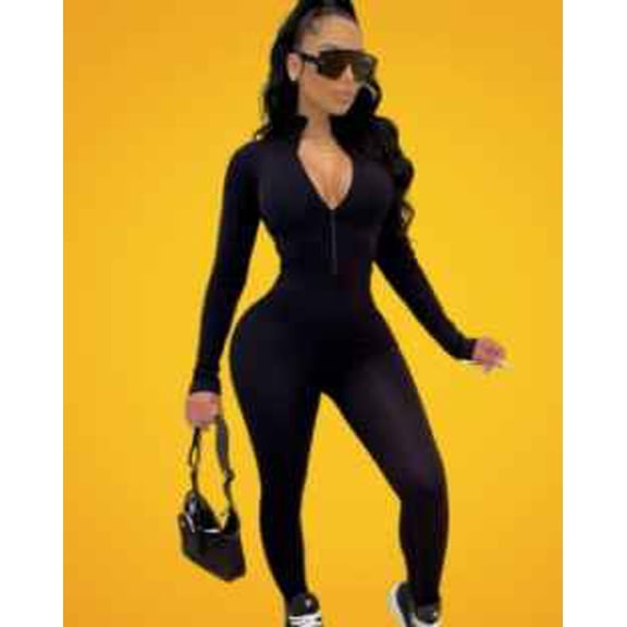 Black Long Sleeve Zipper Jumpsuit Women's Medium Bodycon Yoga Athleisure