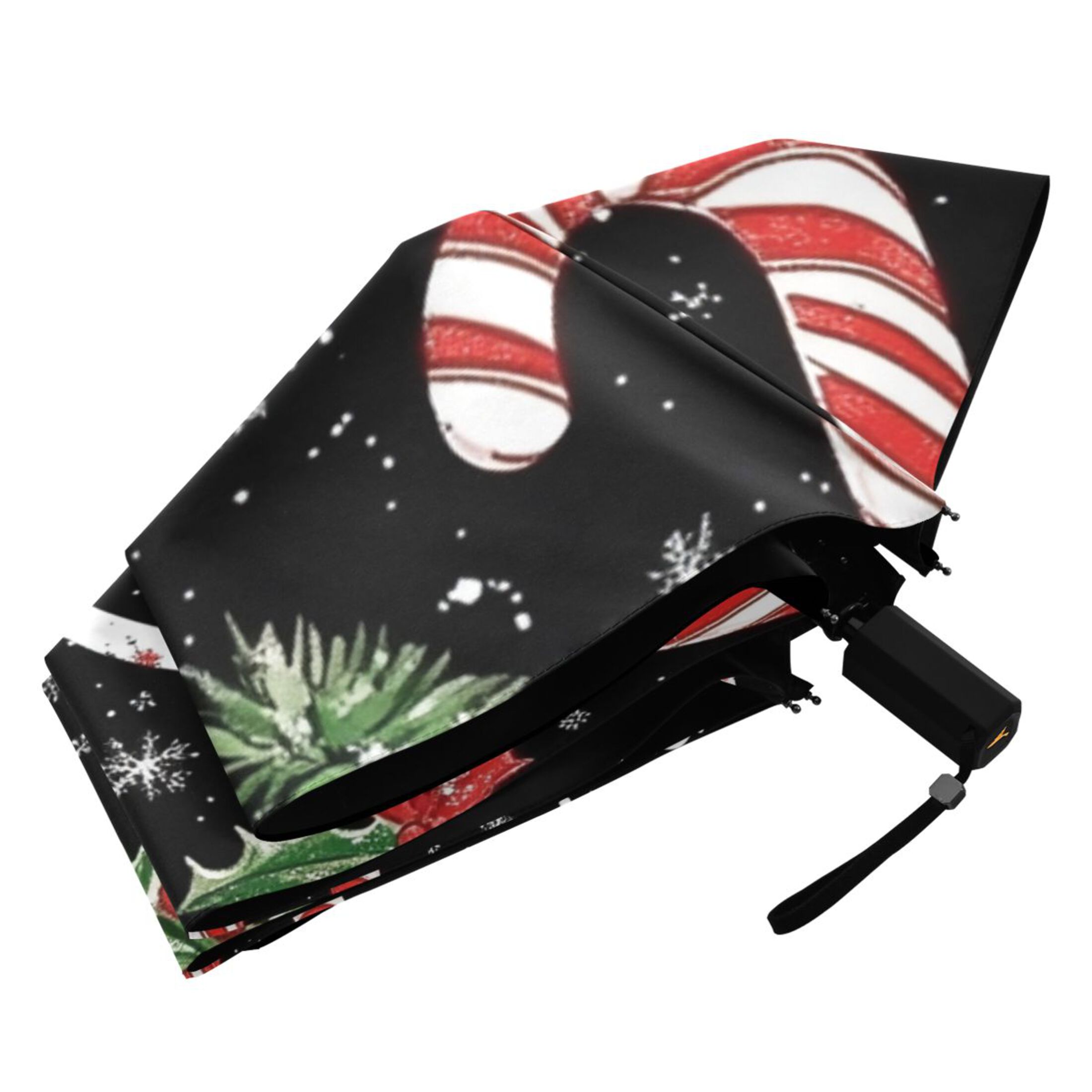 Pine Leaves Candy Canes Christmas Snowflakes All Weather Umbrella Triple Folding Parasol 6 Ribs UV Protection Portable