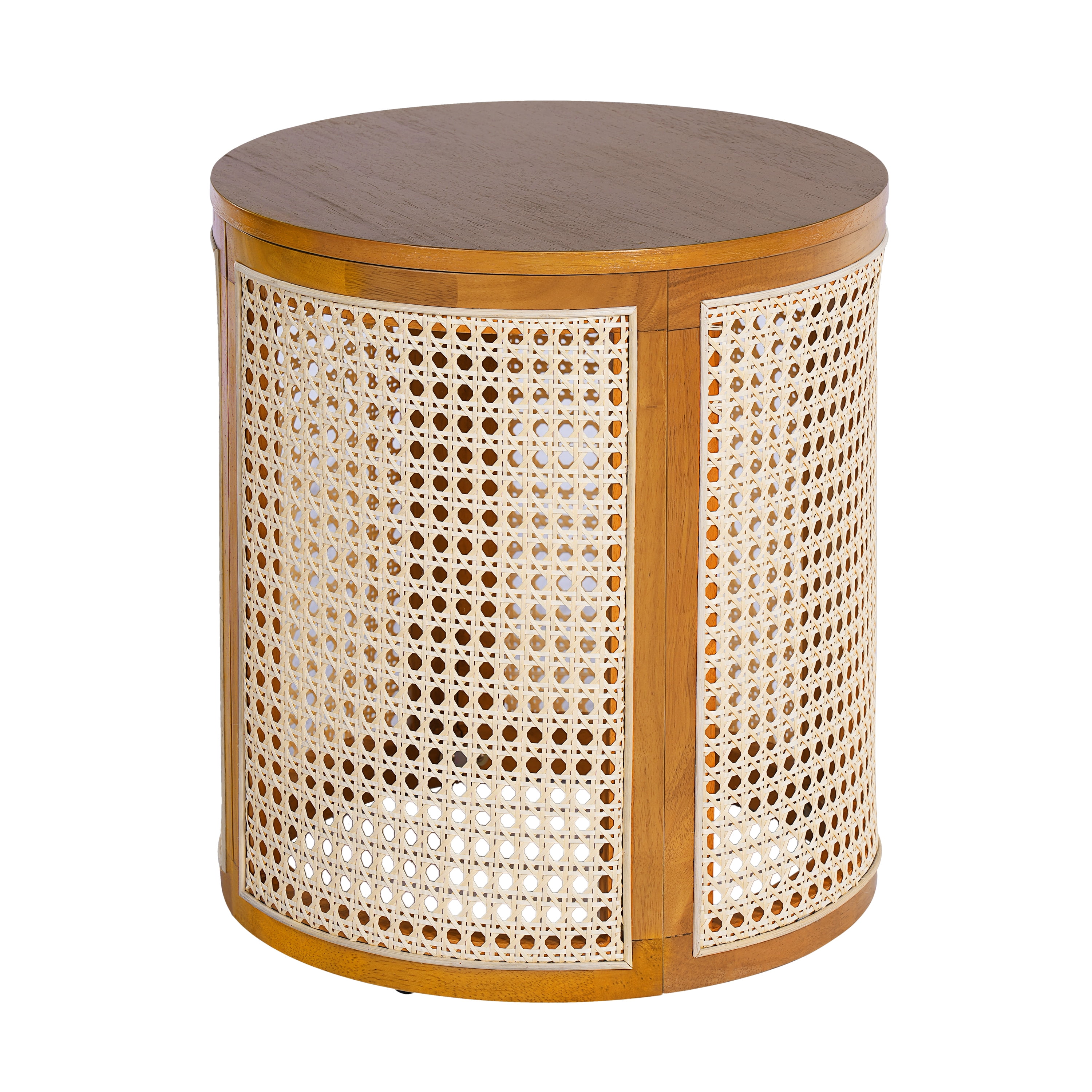GARITIN Round End Table 15.7 Inch, Woven Rattan Style Side Table with Rubber Wood Frame for Living Room Bedroom, Ochre