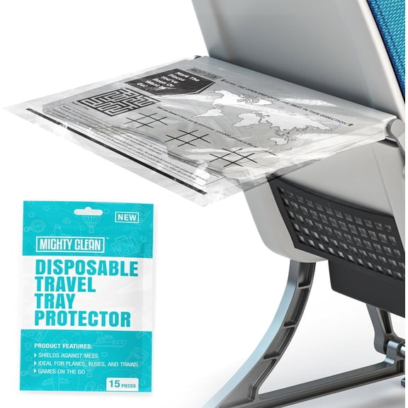 Mighty Clean Disposable Travel Tray Protectors and Trash Bag, Airplane Travel Essentials, 15 Count