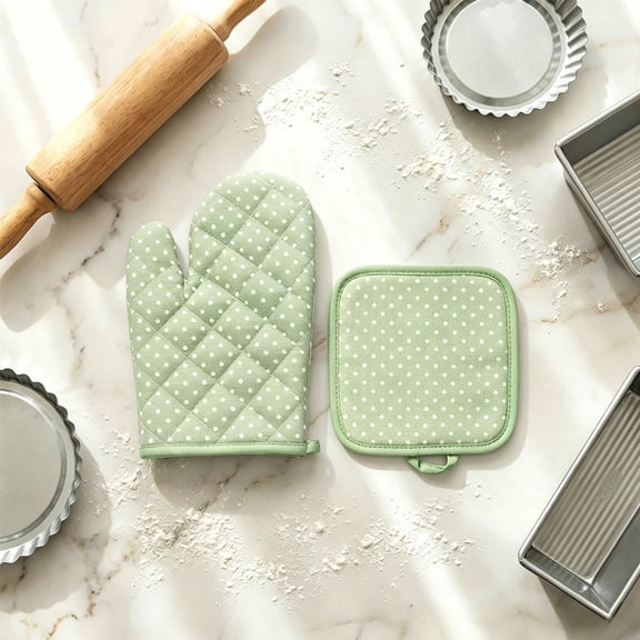Oven Mitts And Pot Holders Set, 2 Pieces Heat Resistant Kitchen Gloves And Mat, Microwave Safe Thick Cotton Padding, Green, 10.2x6.7 Inch