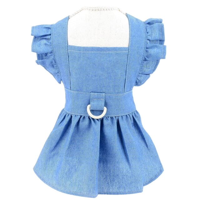 Vestido con arnés de mezclilla para perros pequeños y medianos, falda vaquera ajustable con anilla en D, ropa de verano para perros (azul claro)