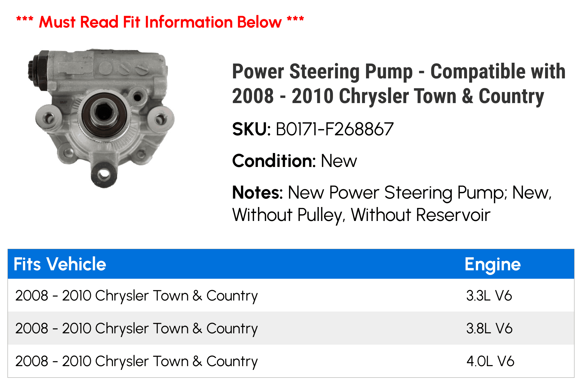 Power Steering Pump - Compatible with 2008 - 2010 Chrysler Town & Country 2009