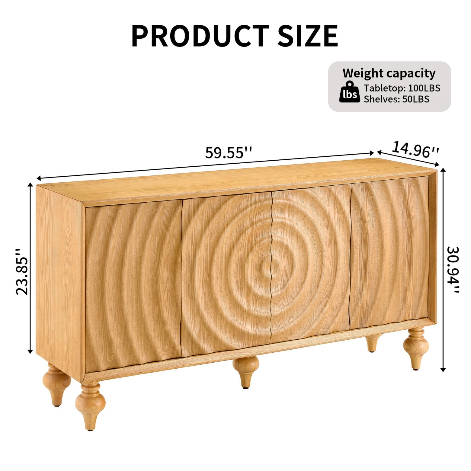 Modern 4-Door Storage Sideboard Cabinet with 3D Carved Wood Veneer, Push-to-Open Soft Close Buffet Cabinet with Adjustable Shelves for Living Room Dining Room, Natural