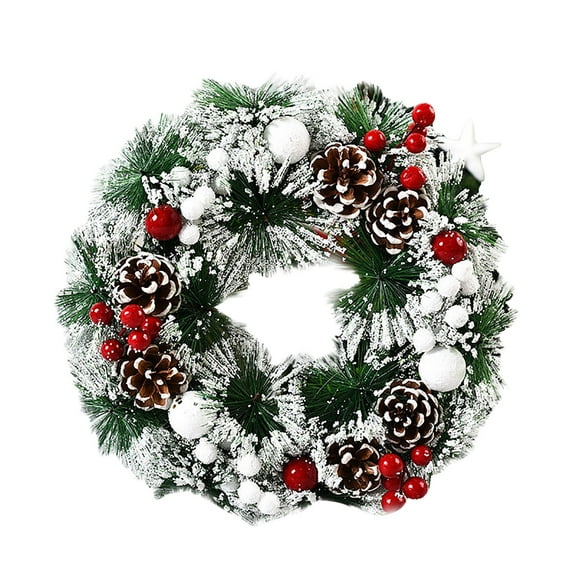 12.6" Christmas Snowy Frost Wreath with Pinecones and Red Berries Artificial Snow Flocked Wreaths for Fireplace Door Wall Decor