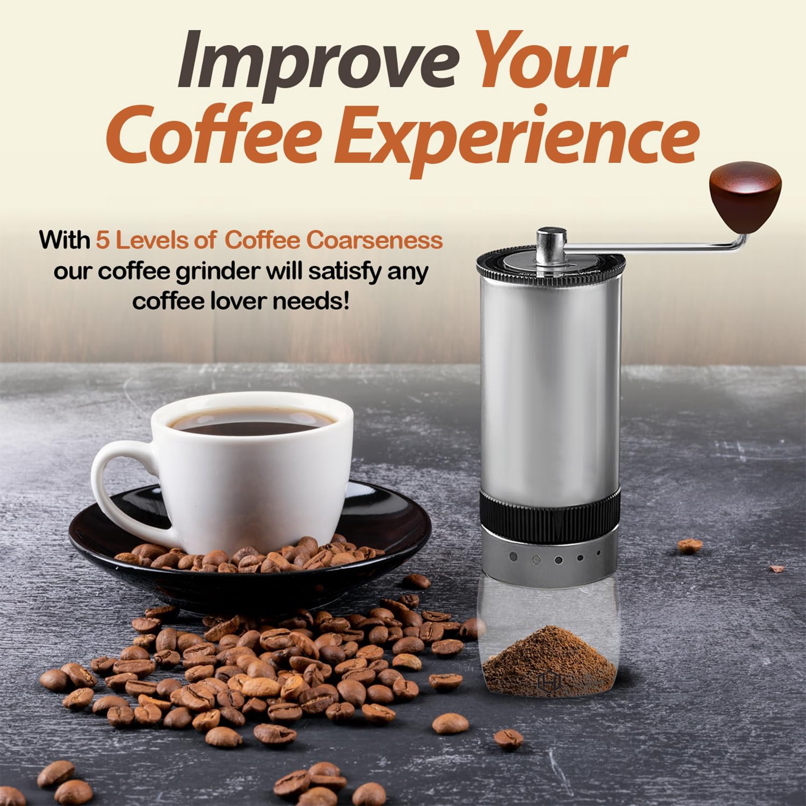 HEIHOX Manual Hand Coffee Bean Grinder - 7 Star Stainless Steel Burr, Adjustable Settings for Customized Grind, Brush, Easy to Clean, Elegant Gift