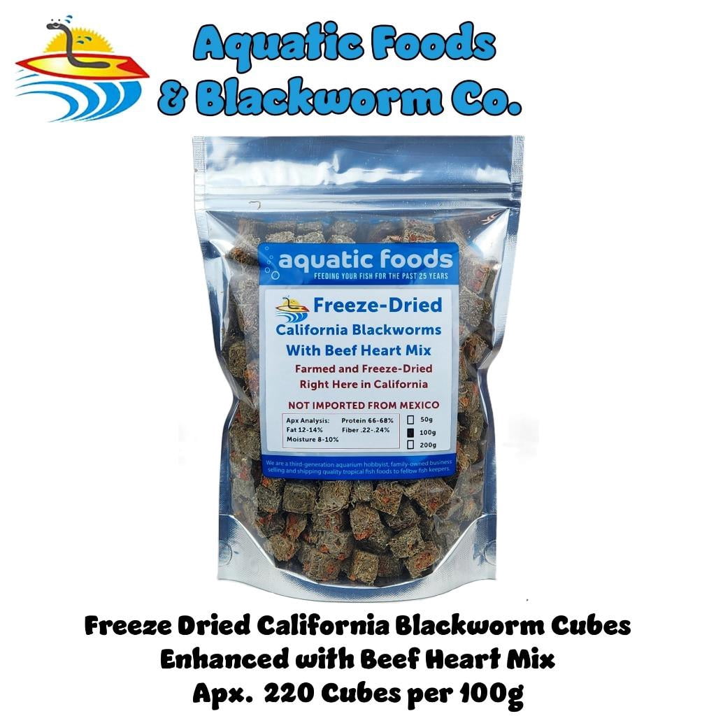 California Blackworms as Freeze Dried with Our Beef Heart Mix for Discus, Cichlids, All Tropical Fish. Made in California USA! - 100 Grams
