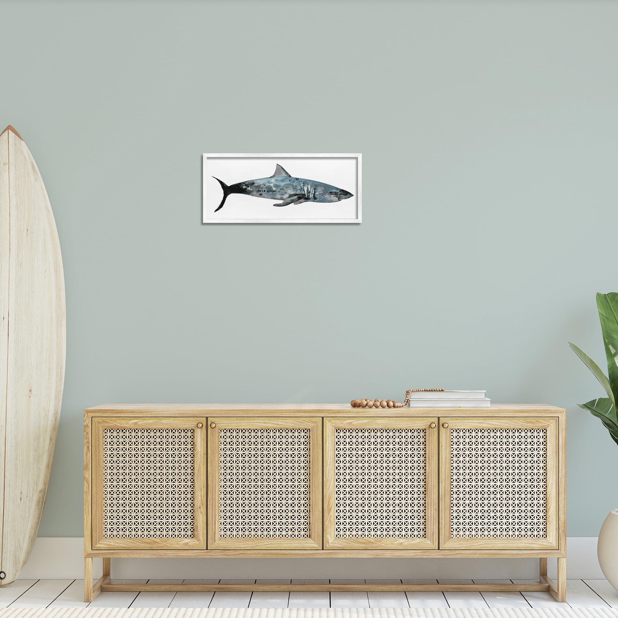 Stupell Industries Watercolor Textured Shark Animals & Insects Painting White Framed Art Print Wall Art, 24 x 10