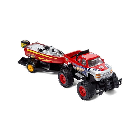 Dash Toyz Monster Truck Trailer with Speed Boat Friction Push Powered Hauler Play Set
