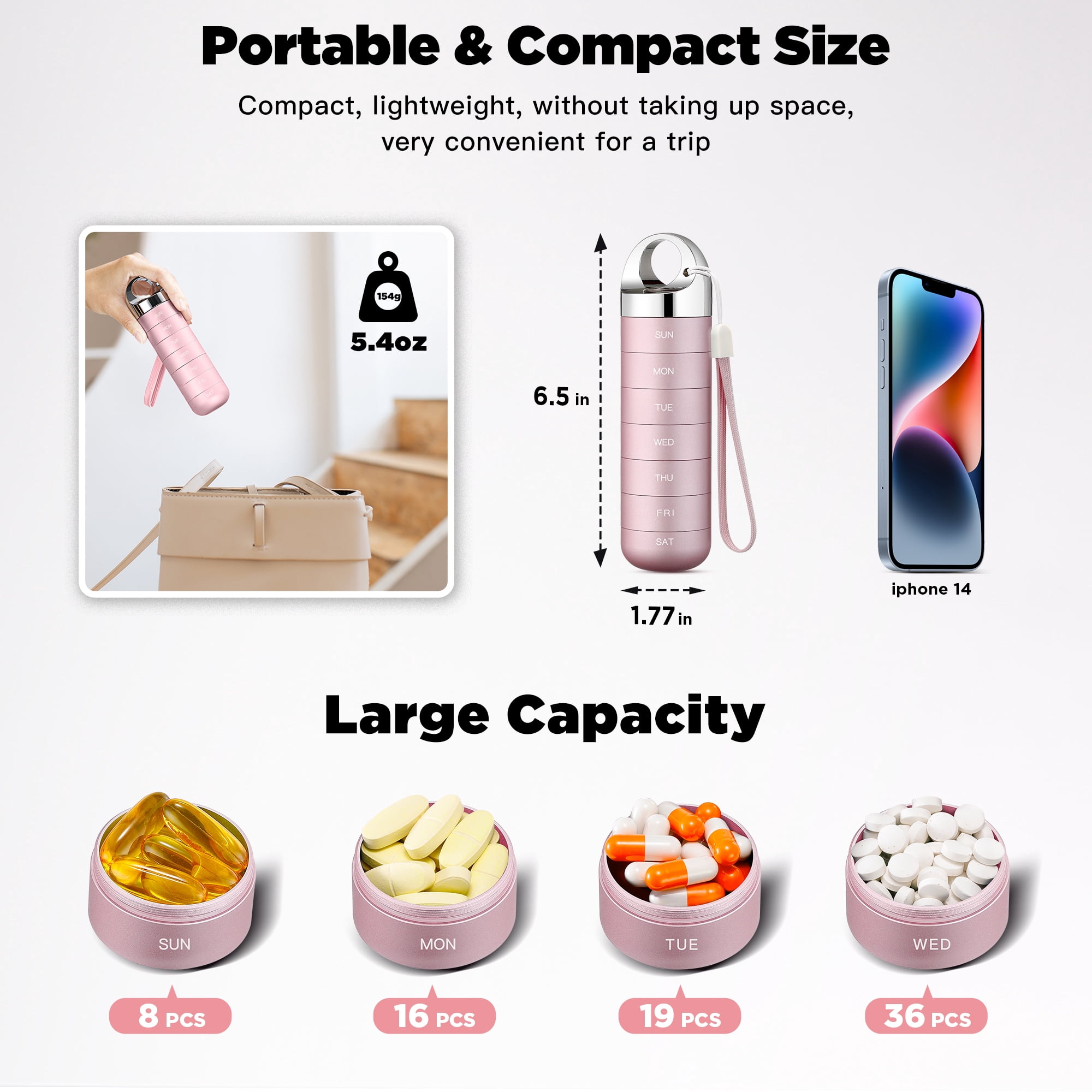Macova Metal Travel Pill Organizer, Portable Waterproof Weekly Pill Box, Large Aluminum Alloy Container, BPA Free 7 Day Daily Medicine Organizer Holder for Vitamin, Fish Oil, Supplement