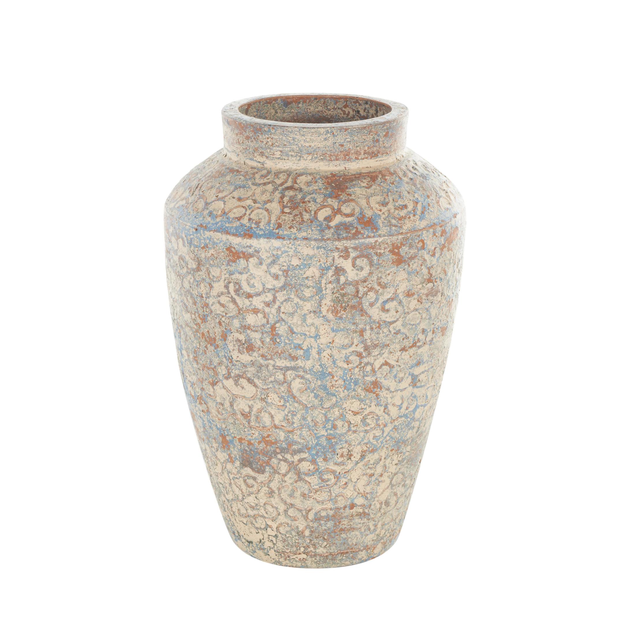 DecMode 16" Scroll Handmade Antique Style Beige Ceramic Vase with Blue and Copper Accents