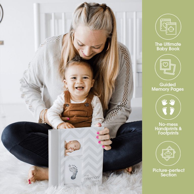 Pearhead Gray Chevron Baby Book with Photo Insert and Clean Touch