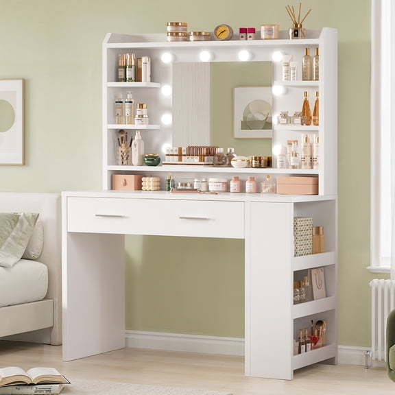 TEENFON Makeup Vanity Set with Mirror & Lights, Vanity Table with Side Storage, Vanity Desk with 2 Drawers and 6 Open Shelves, White