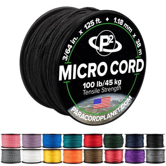 Paracord Planet Micro Paracord - Thin Braided Nylon-Polyester String for Crafts, Outdoors, DIY Projects, 125 ft Spool, Black