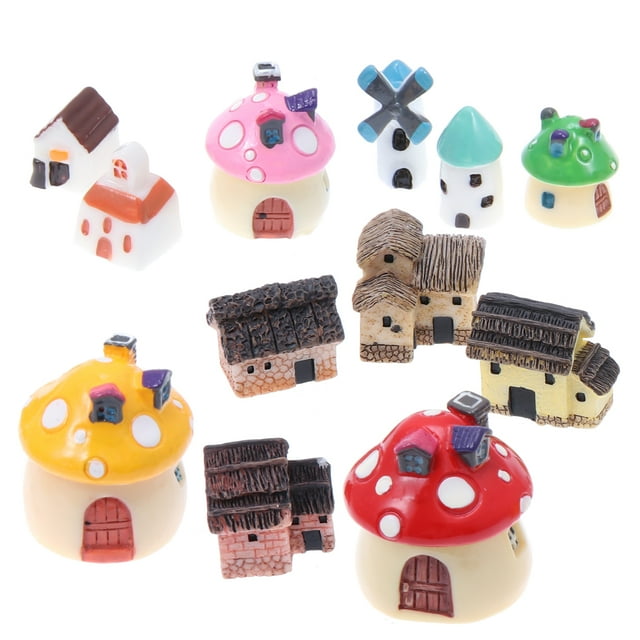 12 piezas de musgo, micro paisaje, miniatura de resina, casa, castillo, molino de viento, seta, adornos decorativos