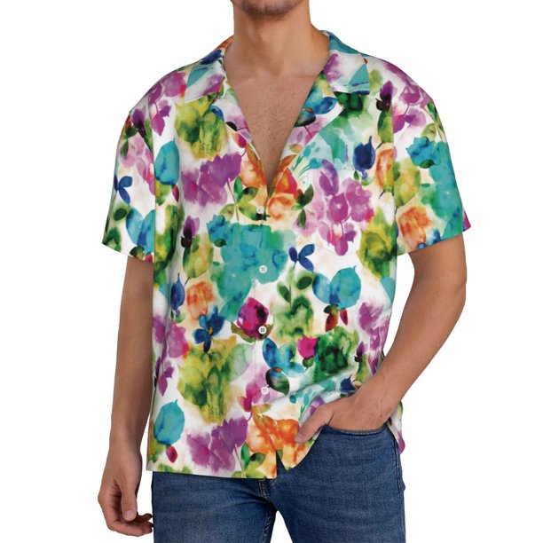 Balery Watercolor Flowers Camisa Casual de Manga Corta con Botones para Hombre, Texturizada, Estilo Cubano, para Playa, Verano-Large
