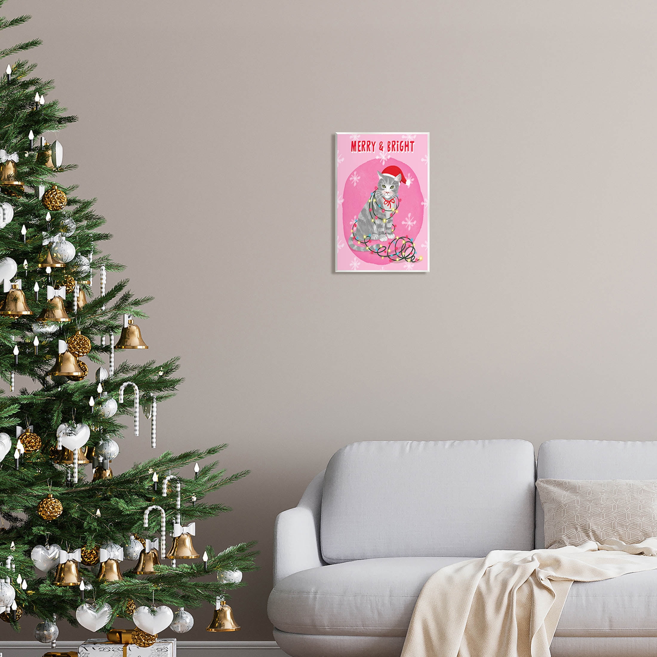 Stupell Industries Merry & Bright Christmas Cat Lights Graphic Art Unframed Art Print Wall Art, Design by Be Ni La