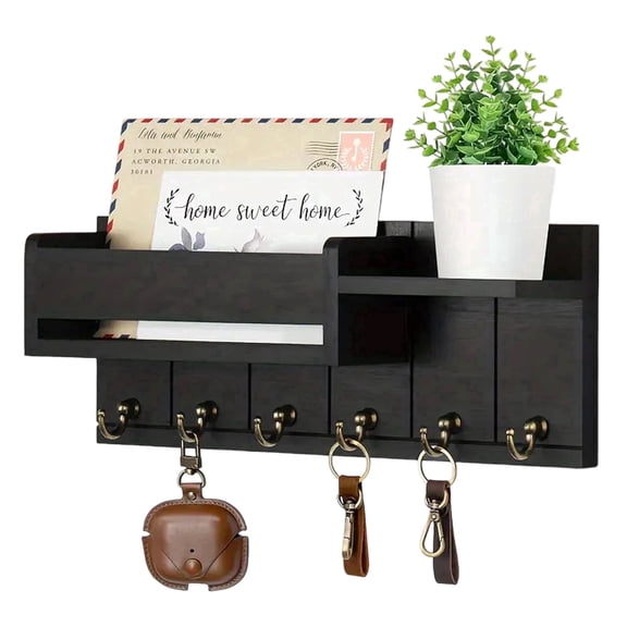 Key Holder for Wall,Wooden Mail Organizer Wall Mounted with Slots And Shelf,Entryway Storage Organizer with 6 Key Hooks-Black