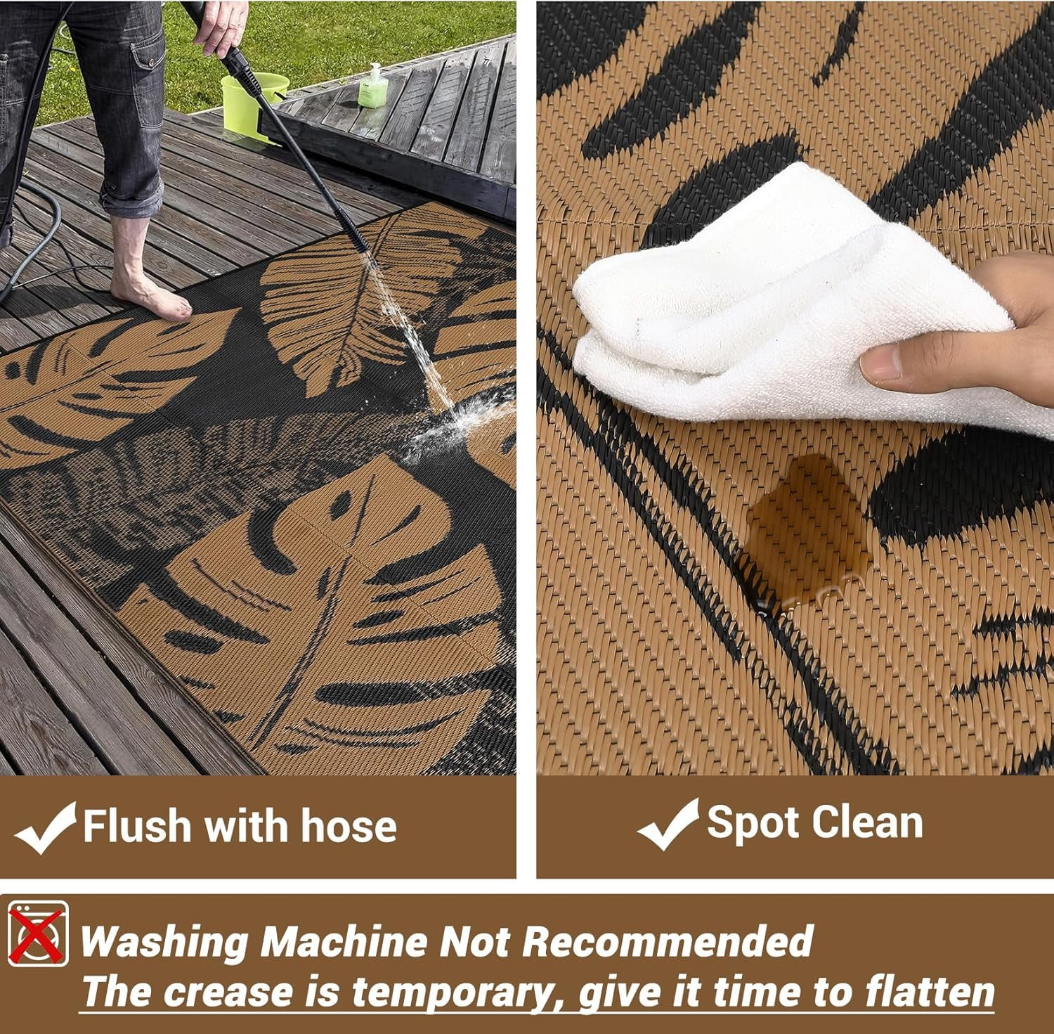 Funslane Outdoor Rug 8' x 10', Waterproof Plastic Straw Mat, Foldable & Reversible, Indoor Outdoor Rugs for Patio, Deck, RV, Beach, Picnic, Black/Brown