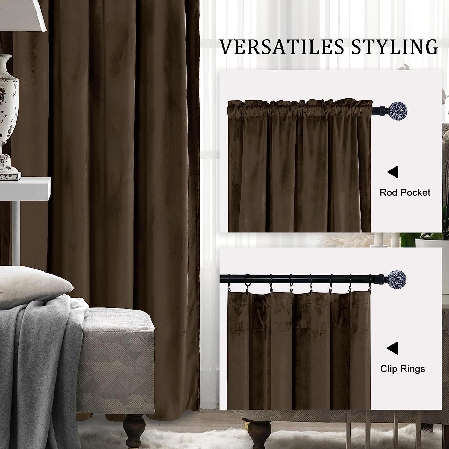 Hiasan Luxury Brown Velvet Curtain with Tiebacks-Blackout Curtains for Bedroom/Living Room, Rod Pocket, 52" x 84", Set of 2