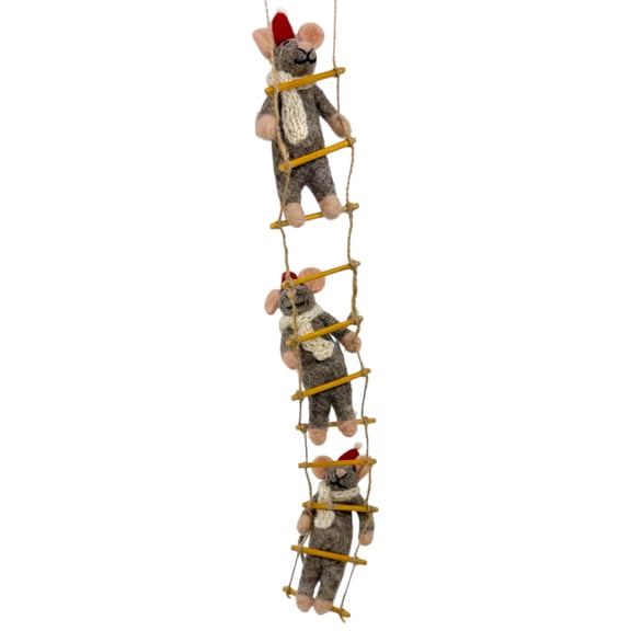 Mice Climbing Ladder Ornament – Felted Wool Handmade Santa Hat Mouse Christmas Tree Decoration