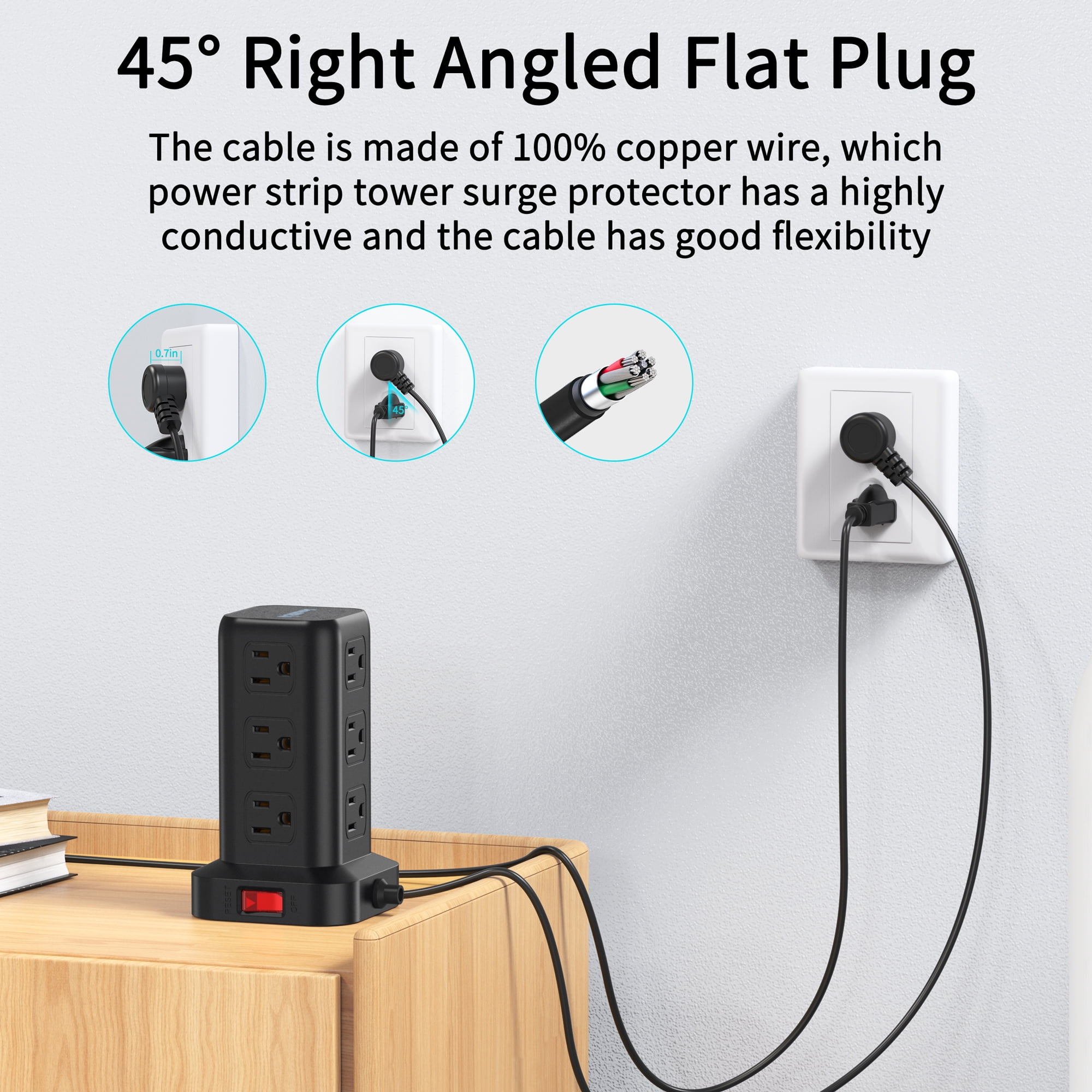 Power Strip Tower 12 Outlets with 4 USB Ports Surge Protector Electric Charging Station 6.5ft Cord, Black