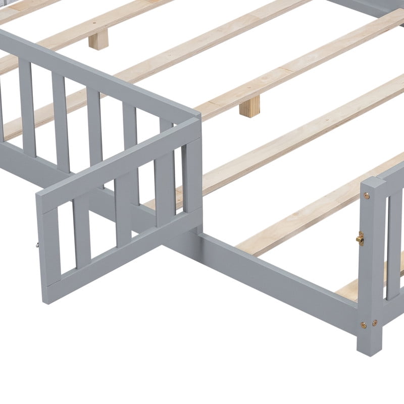 Mirightone Full Size Floor Bed with Guardrails and Door, Low-Profile Full Montessori Bed with Support Slats, Grey