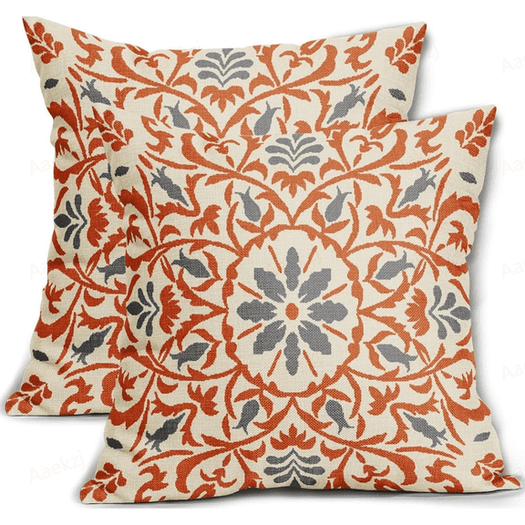 Aaekzj Orange Grey Boho Pillow Covers 20x20 Inch Bohemian Ethnic Carpet Style Vintage Flower Print Fall Decorative Throw Pillows Outdoor Linen Cushion Case Farmhouse Decor for Sofa Bed Set of 2